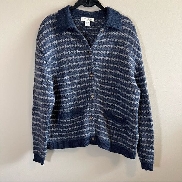 ✨ Eddie Bauer Women’s 100% Wool Blue Gray Striped Cardigan Large - Picture 1 of 10